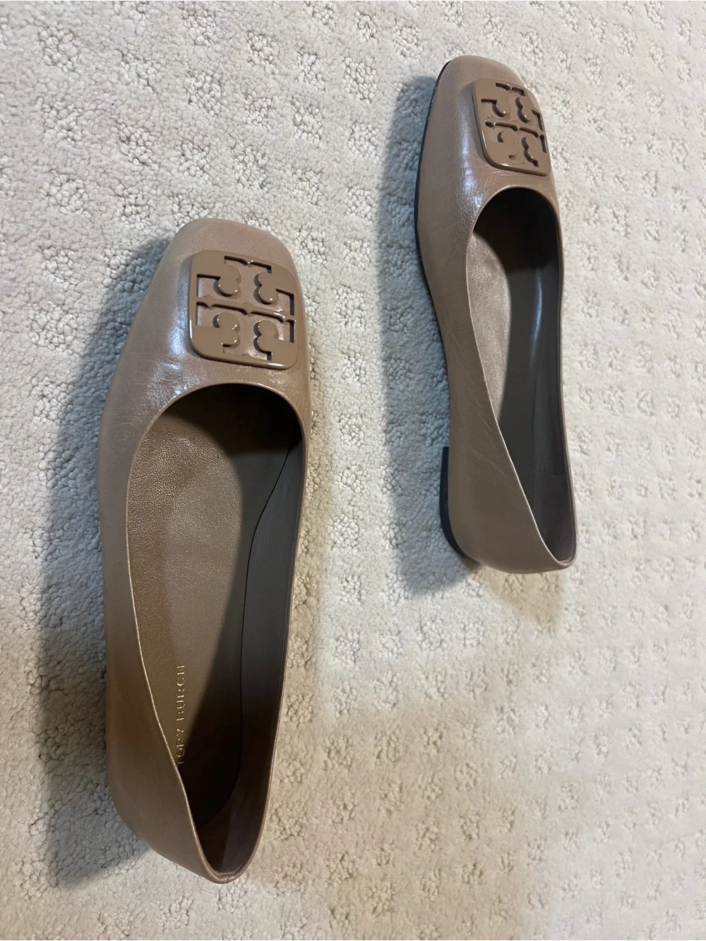 Tory Burch Nude Patent Logo Square-Toe Flats